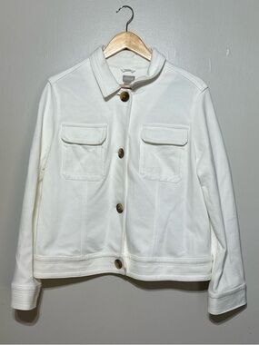 Chico's Cream/ White Button Jacket with Flap Pockets brown buttons size 3/XL